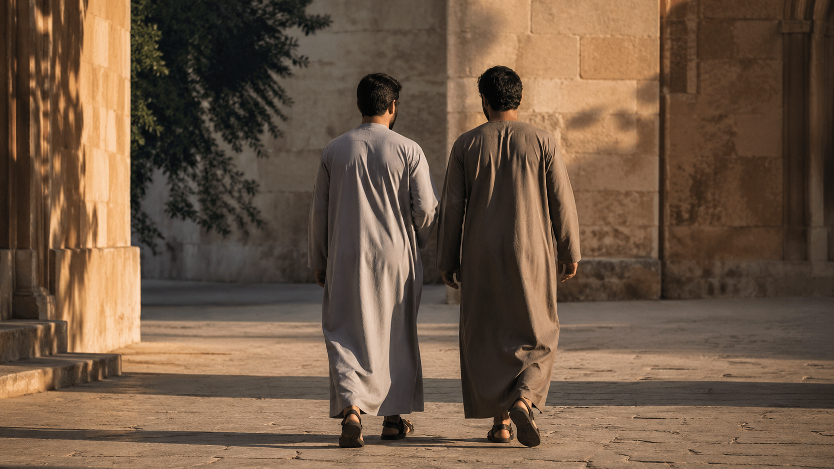 Zwei Männer in qamis, die in einem steinernen Hof in der Sonne gehen